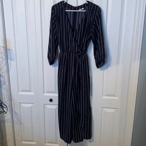 Navy Blue Pin Striped Wide Legged Jumpsuit with Belt